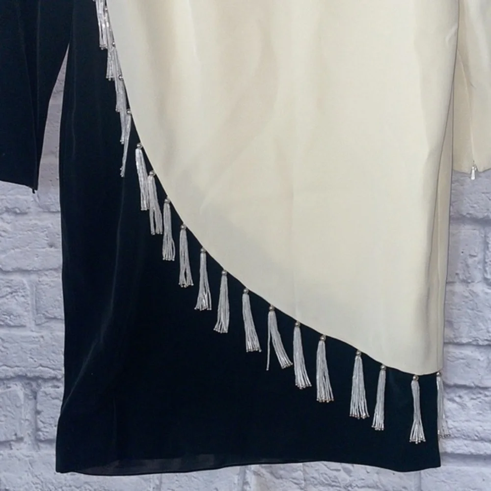 Bob Mackie Color Block Beaded Fringe Long Sleeve Shift Dress